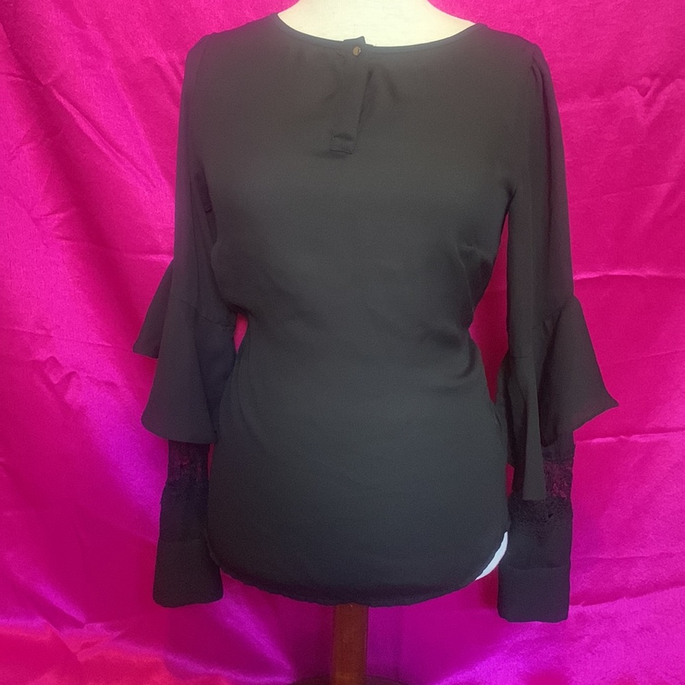 RW&CO Flared and lace sleeve sheer black dress top size extra small